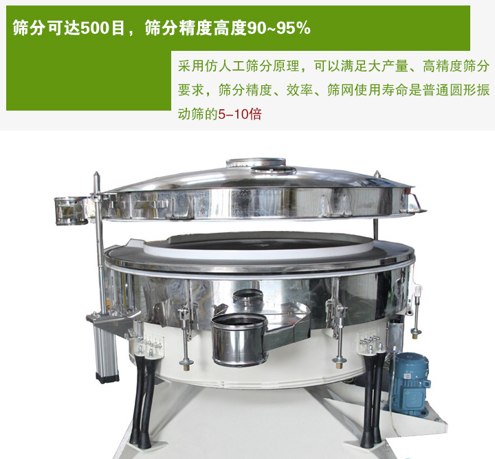 搖擺篩分機采用仿人工篩分原理，可以滿足大產(chǎn)量、高精度篩分 要求，篩分精度、效率、篩網(wǎng)使用壽命是普通圓形振 動篩的5-10倍